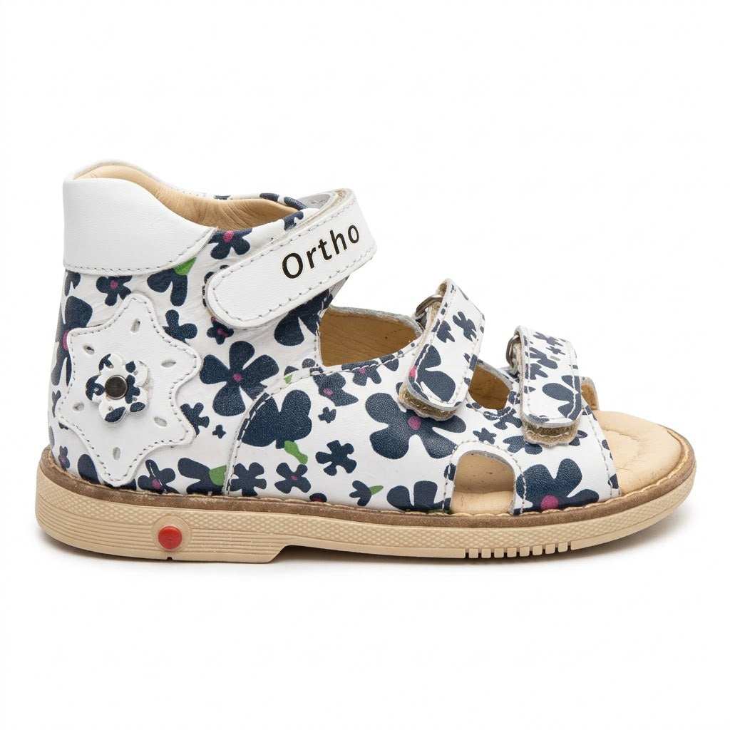 Mid-top orthopaedic girls sandals showing rigid heel counter, star cutout detail, and Thomas heel support.