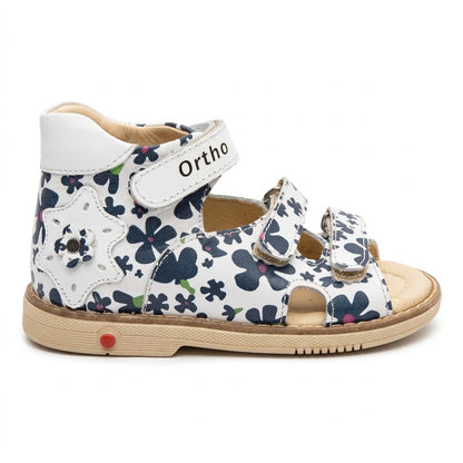 Mid-top orthopaedic girls sandals showing rigid heel counter, star cutout detail, and Thomas heel support.