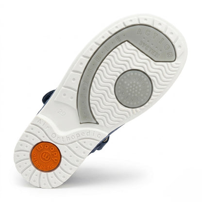 Blue mid-top orthopaedic sandals with a sturdy white sole, Thomas heel, perforated leather, and ship helm charm.