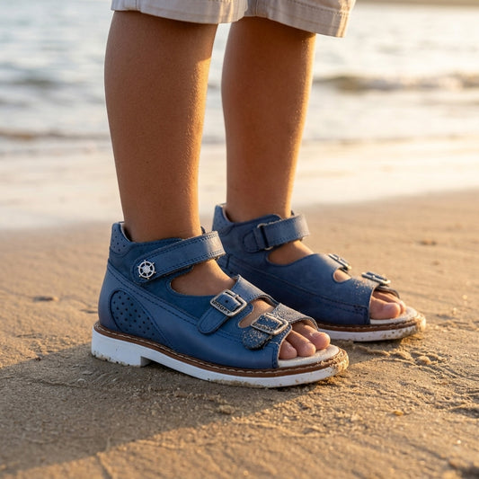 Kids orthopaedic sandals in matte blue leather with arch and ankle support, Velcro strap, and metal buckles.