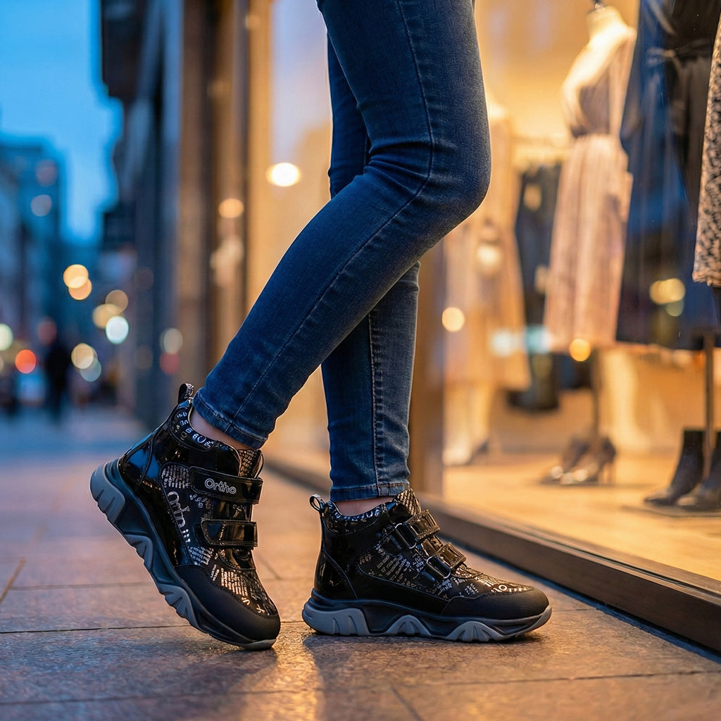 Children’s orthopedic high-top sneakers in black with glossy finish, ankle support, and Ortho branding.