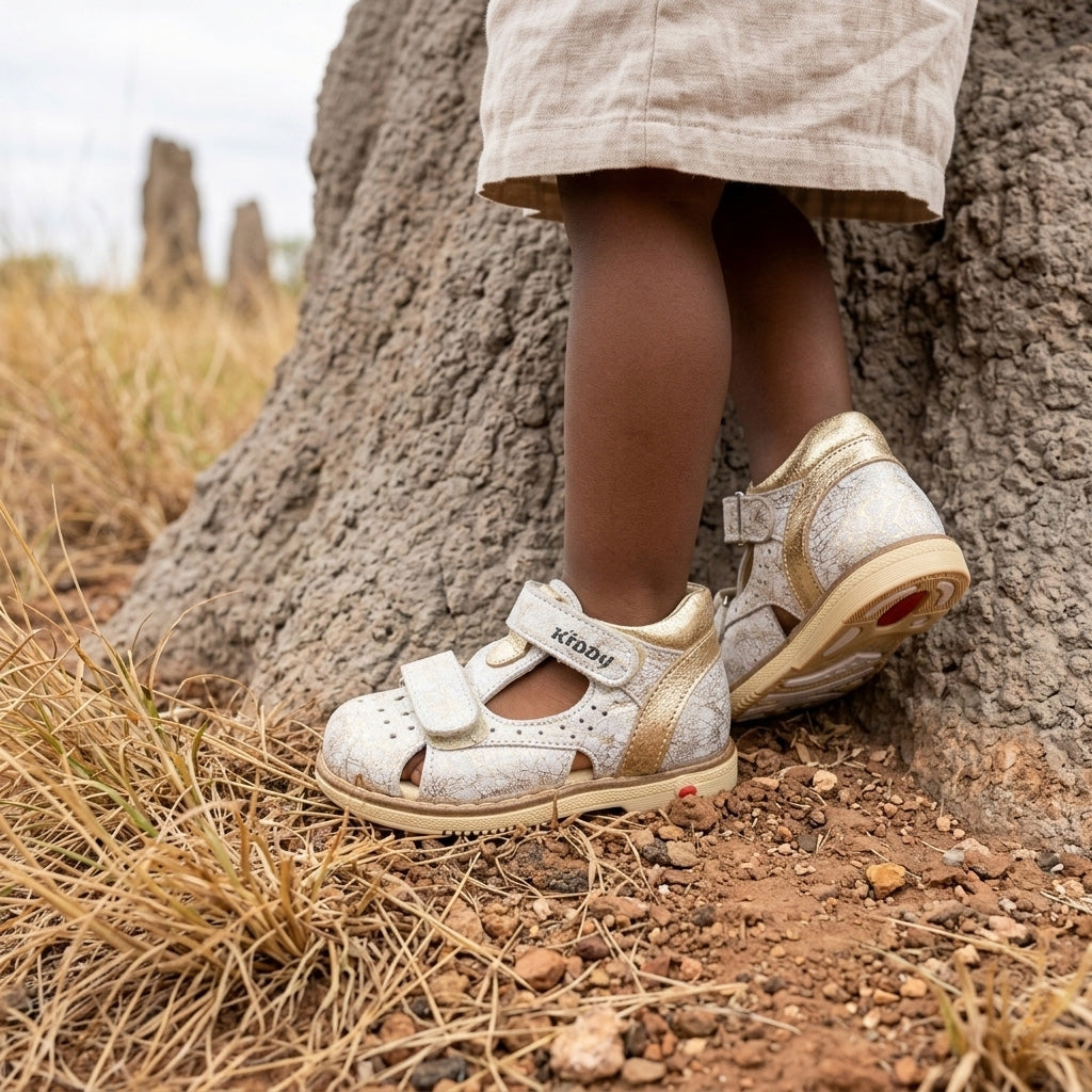 Child standing by a tall termite‑mound formation wearing white and gold orthopaedic sandals with Kiddy branding and beige shorts on dry, rocky ground.