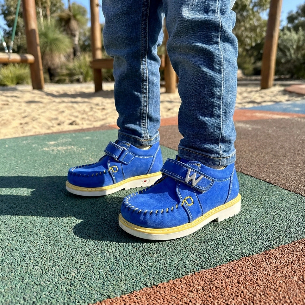 Blue orthopaedic toddler moccasins with yellow stitching, structured support, and a single Velcro strap.