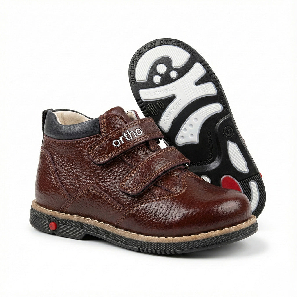 Boys’ orthopedic shoes in brown with Velcro straps, arch support, Thomas heels, and Ortho Shoes branding.