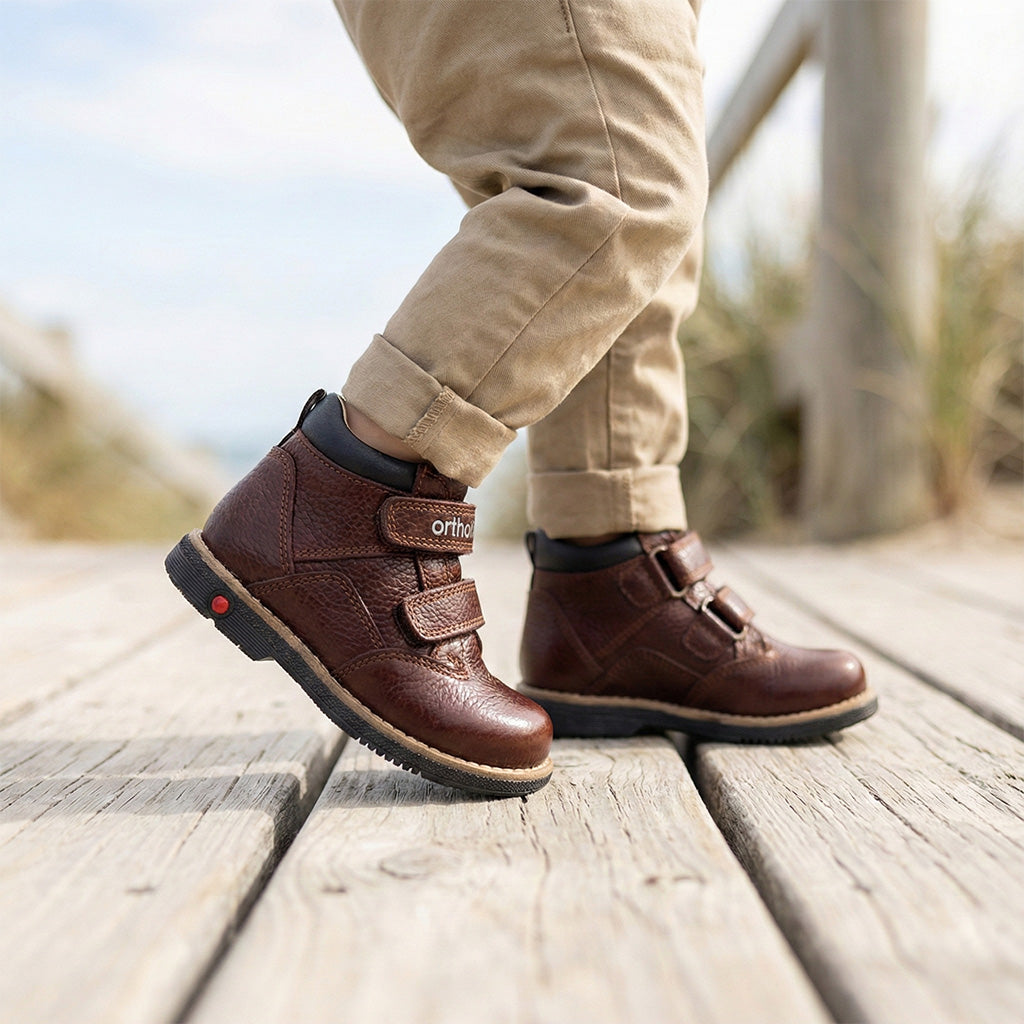 Children’s orthopedic shoes in brown with Velcro straps, ankle support, and Thomas heels by Ortho Shoes.