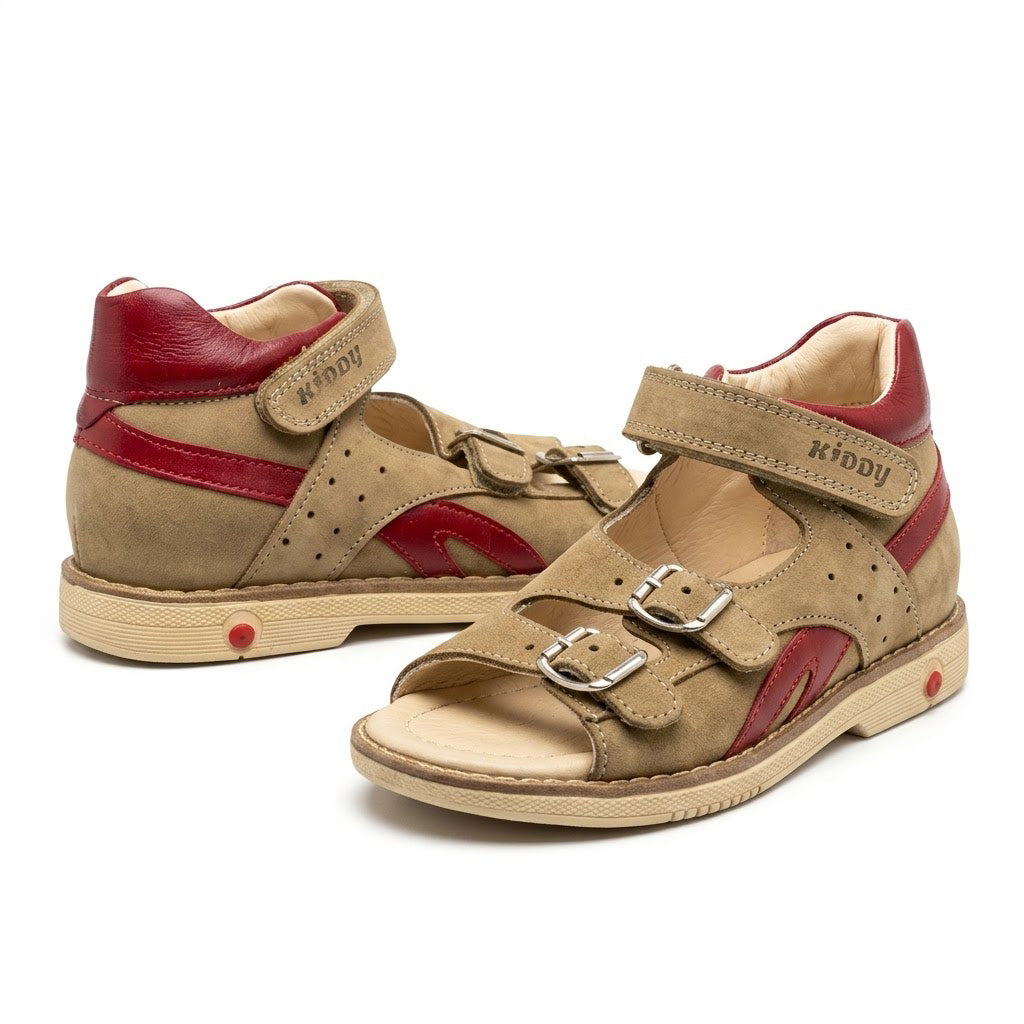 Toddler beige orthopaedic sandals showing padded mid-top collar, firm heel counter, and cream Thomas heel sole