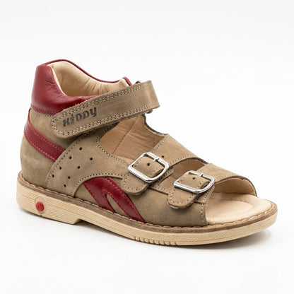 Toddler beige orthopaedic sandals showing padded mid-top collar, firm heel counter, and cream Thomas heel sole