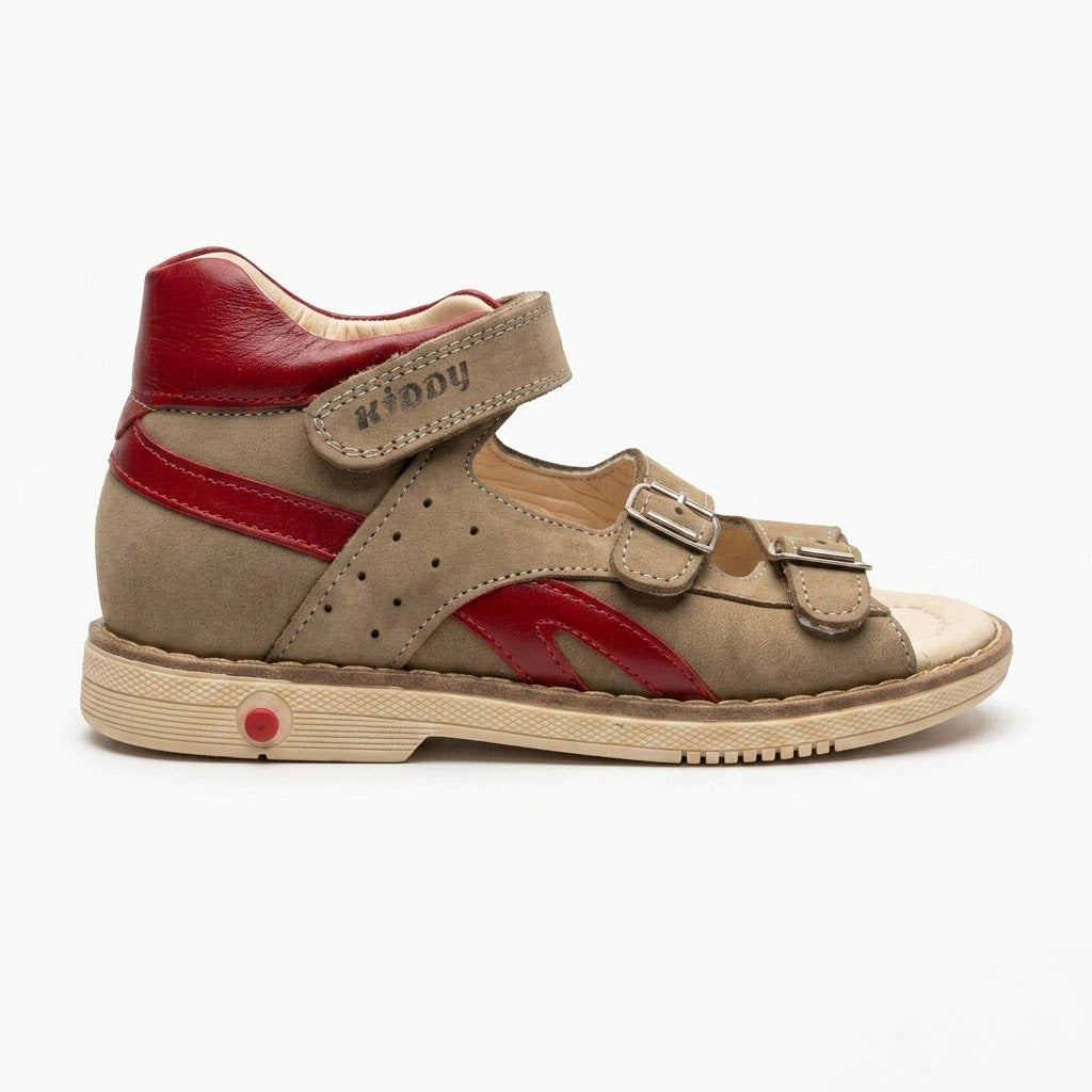 Toddler beige orthopaedic sandals showing padded mid-top collar, firm heel counter, and cream Thomas heel sole