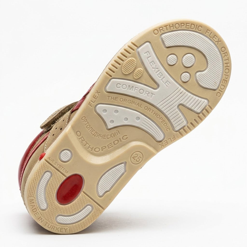 Orthopaedic sandal cream traction outsole showing extended Thomas heel, air system, and structured support