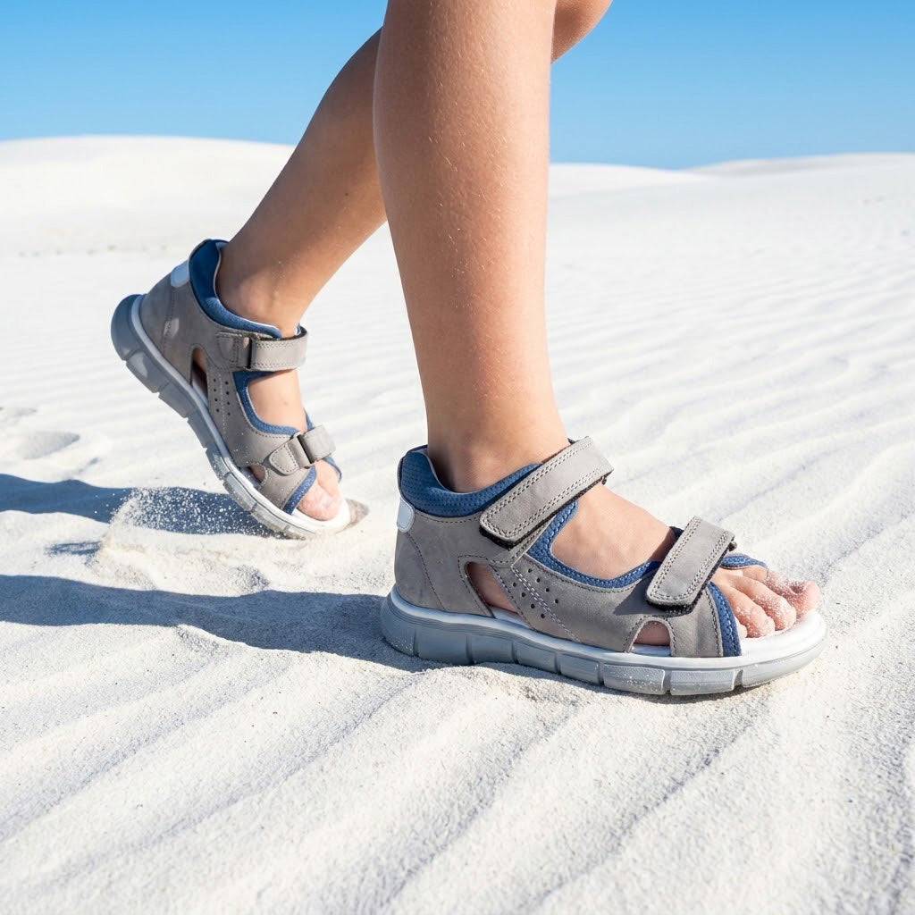 Grey nubuck and blue leather open-toe low-top orthopaedic sandals with dual Velcro straps and cushioned sole