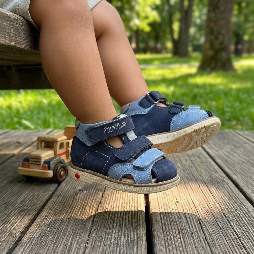 Child sitting on a wooden bench wearing blue orthopedic closed-toe sandals with light blue accents, arch and ankle support, Thomas heels and Velcro straps.