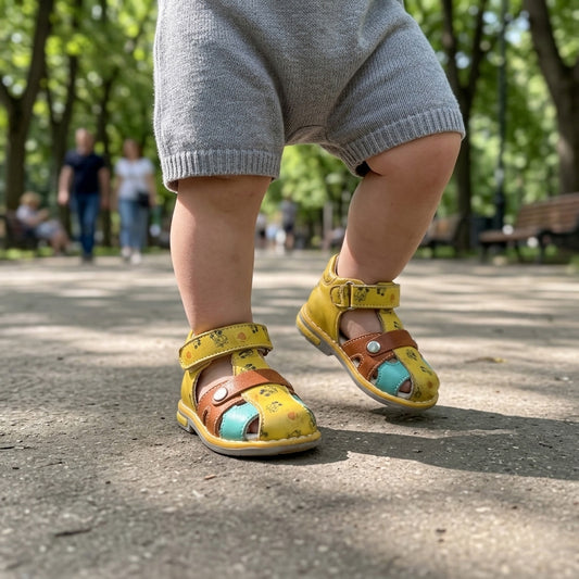 Kids’ yellow orthopedic sandals with Velcro straps, brown and turquoise accents, and supportive design by Minimen, pictured walking in a park.