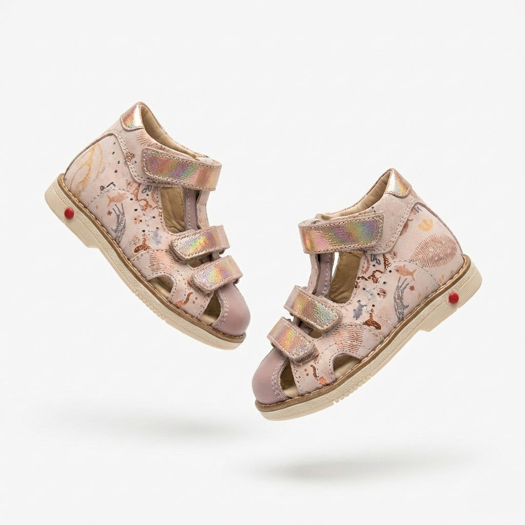 Girls’ orthopedic sandals in pink with Velcro straps, arch and ankle support, Thomas heels and iridescent underwater‑animal print, shown in a retro ice‑cream shop by Ortho Shoes.
