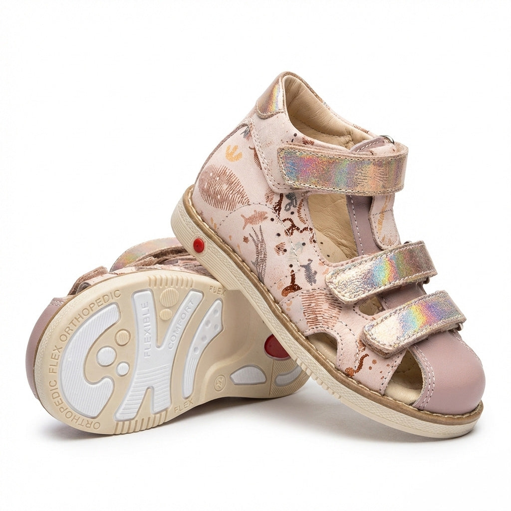 Girls’ orthopedic sandals in pink with Velcro straps, arch and ankle support, Thomas heels and iridescent underwater‑animal print, shown in a retro ice‑cream shop by Ortho Shoes.