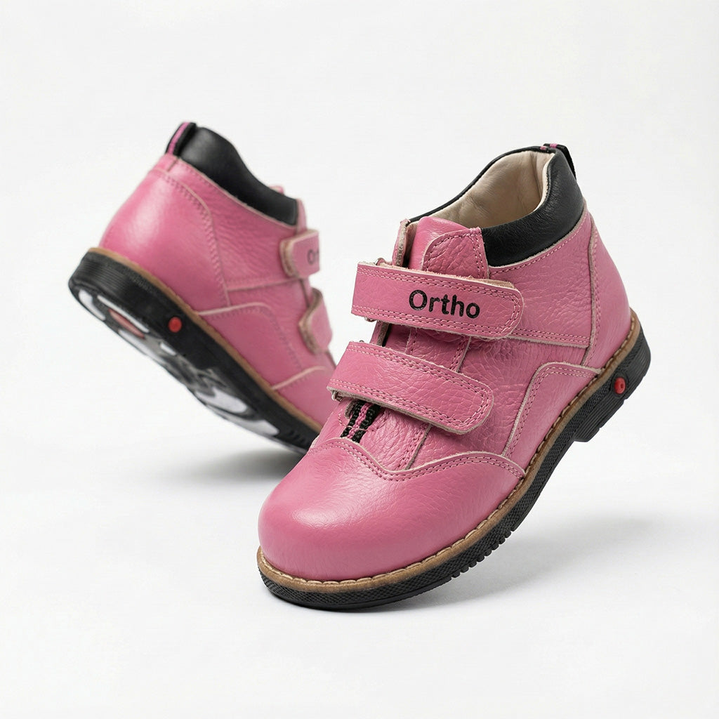 Girls’ orthopedic boots in pink with Velcro closure, arch and ankle support, Thomas heels, and black sole by Ortho Shoes.
