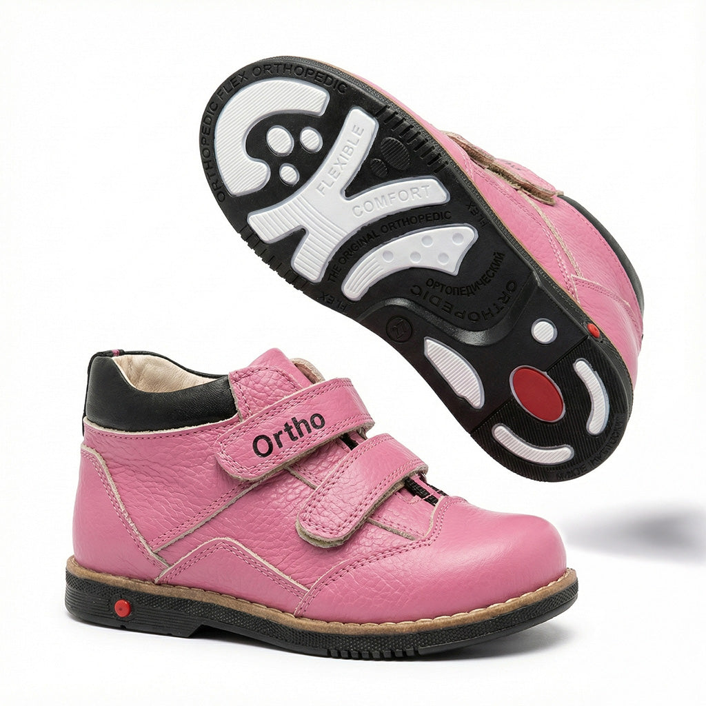 Girls’ orthopedic boots in pink with Velcro closure, arch and ankle support, Thomas heels, and black sole by Ortho Shoes.