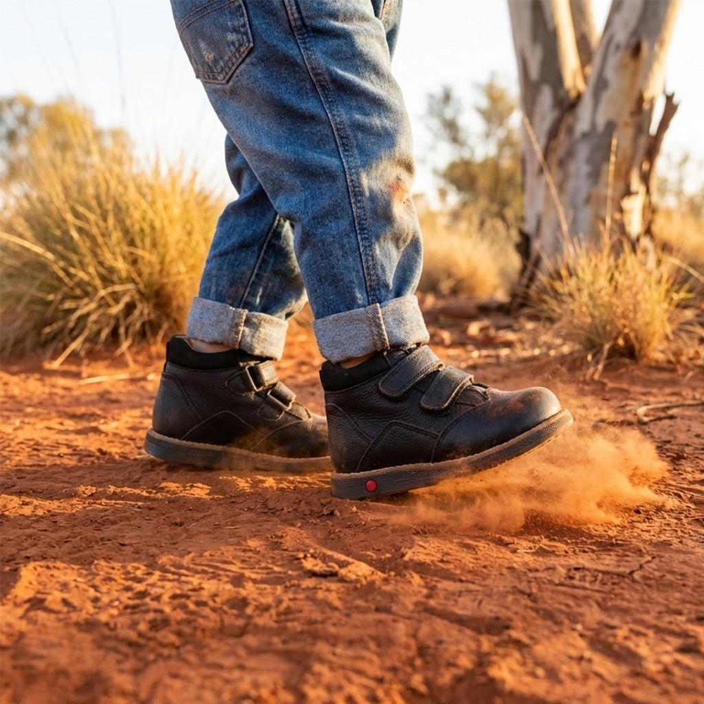 Child walking on a dusty trail wearing black orthopedic boots with Velcro straps, arch and ankle support Thomas heels, and rolled-up jeans.
