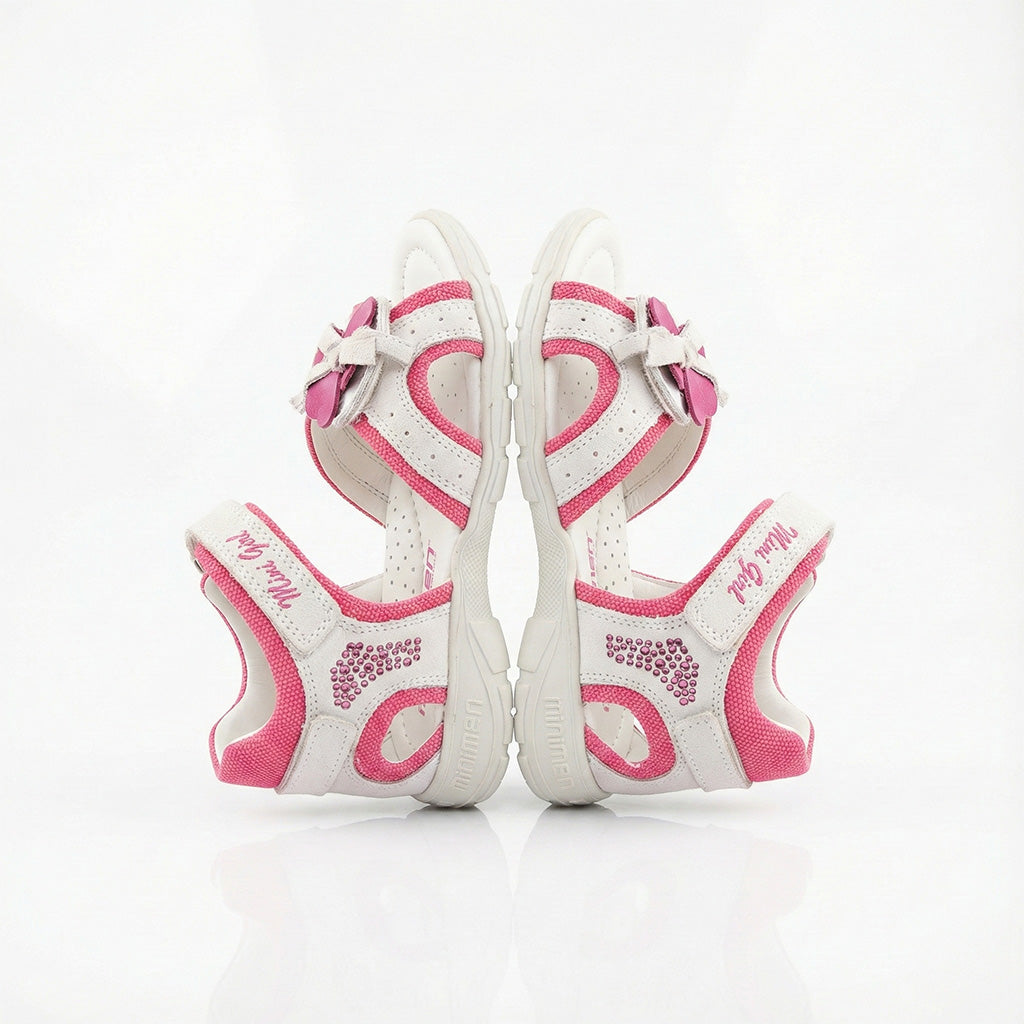 Girls’ orthopedic sandals with arch and ankle support, floral strap design, and rhinestone accents by Minimen.