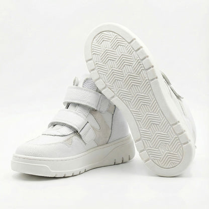 Children’s white orthopedic high-top sneakers with Velcro straps, ankle support, durable sole by Ortho Shoes.