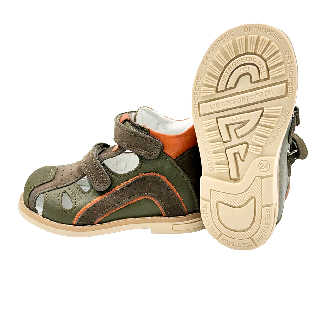 Orthopaedic kids closed sandals in brown and orange with arch and ankle support and Thomas heels.