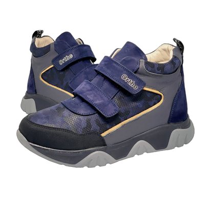 Pair of orthopedic boots in Grey and Blue Camo design with arch and ankle support.
