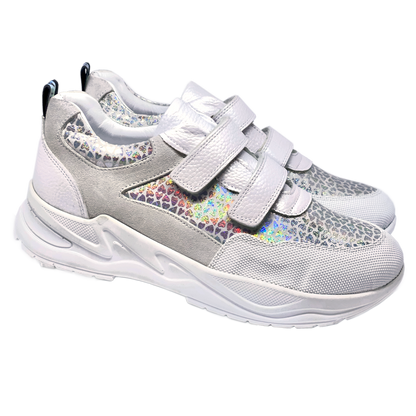 Grey and white heart-patterned supportive sneakers with arch and ankle support.