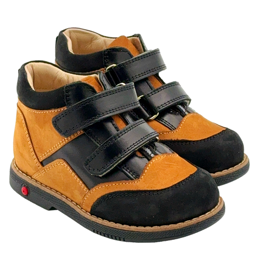 Photo of black-brown kids orthopedic boots with arch and ankle support. Made by Ortho Shoes Australia
