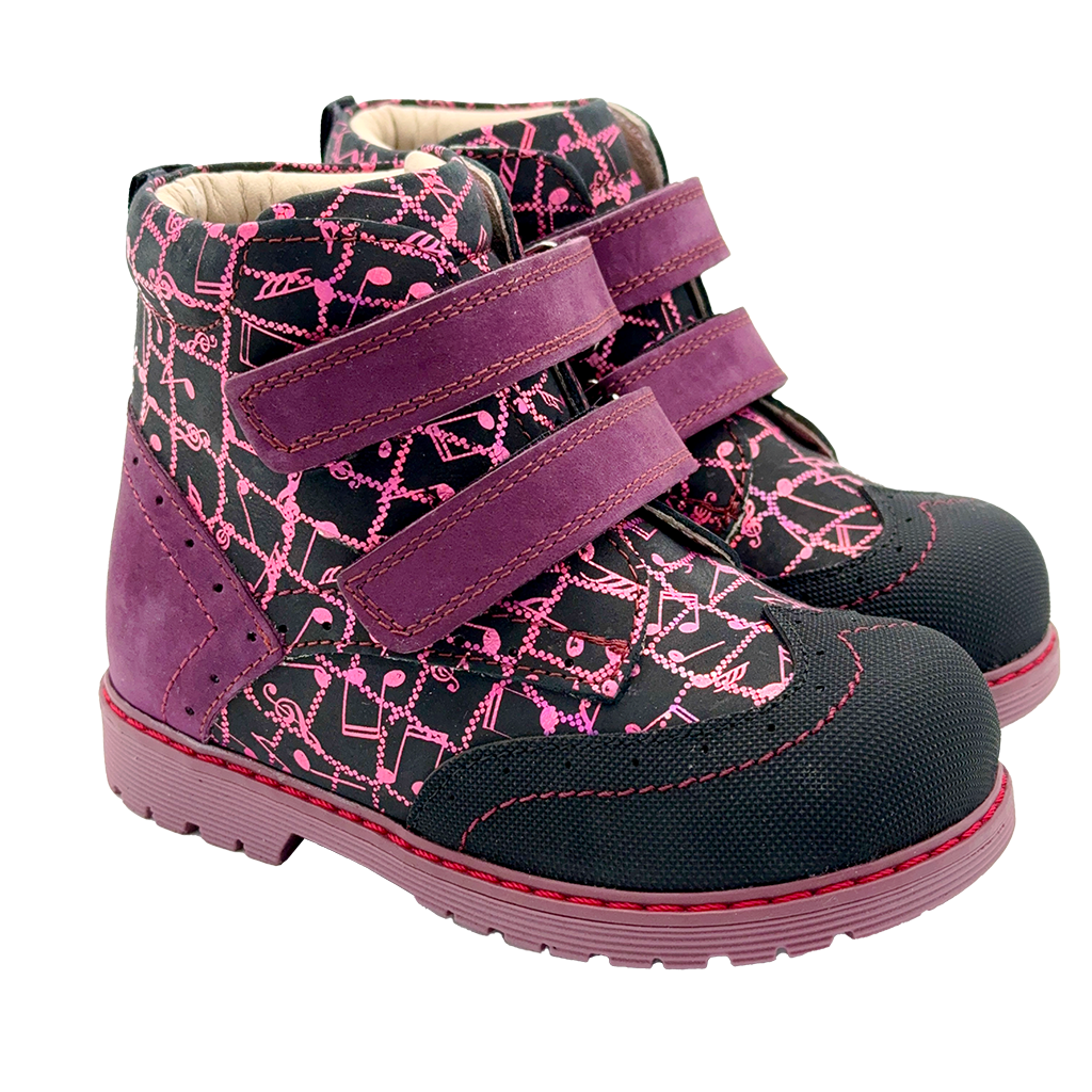 Cherry-black high-top orthopedic boots for girls with arch and ankle support, featuring a two-strap design for a customizable fit. Stylish and comfortable, recommended by physiotherapists.