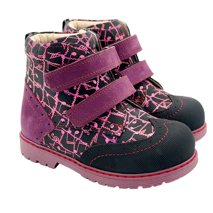 Cherry-black high-top orthopedic boots for girls with arch and ankle support, featuring a two-strap design for a customizable fit. Stylish and comfortable, recommended by physiotherapists.