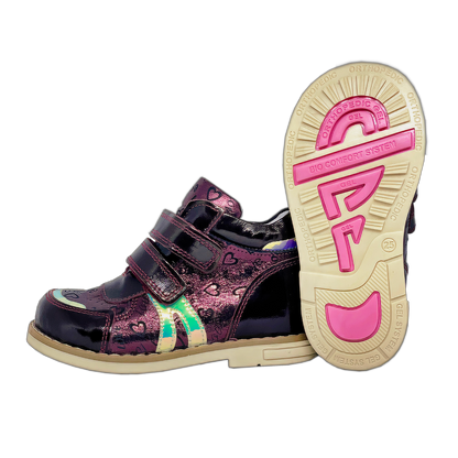 Orthopedic boots for girls with cherry color and heart patterns, featuring arch and ankle support for added comfort and stability.