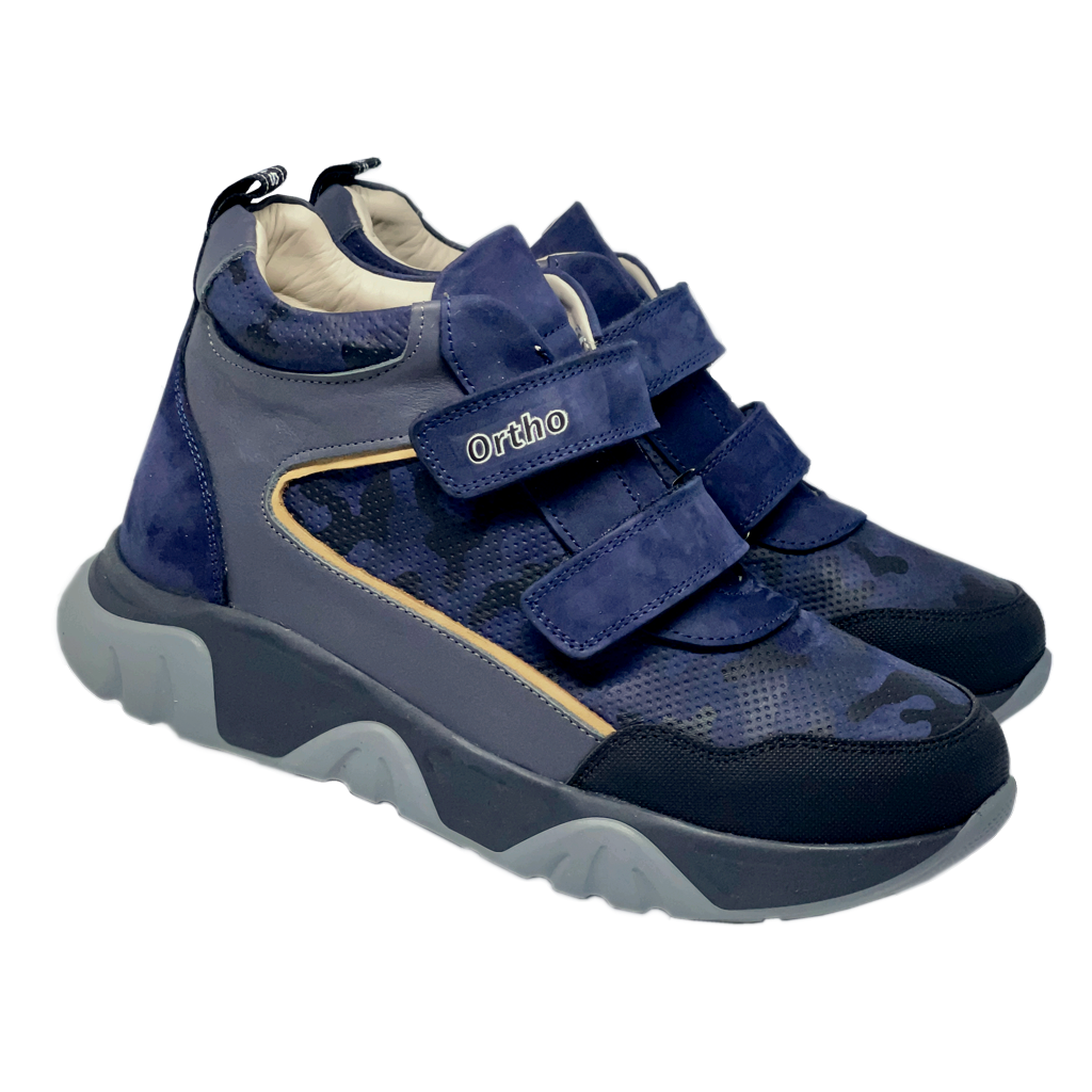 Pair of orthopedic boots in Grey and Blue Camo design with arch and ankle support.