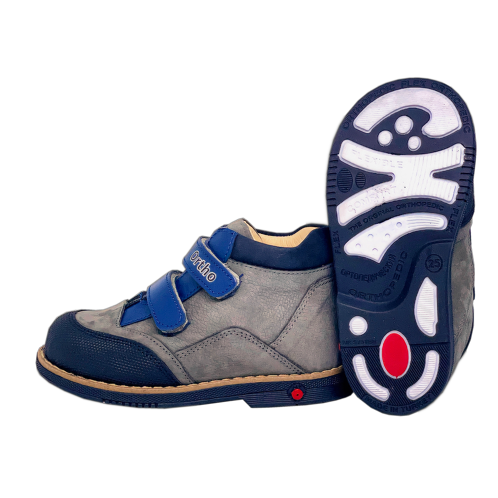 Kids' orthopedic boots in grey color with blue straps, designed with arch and ankle support for maximum comfort and stability.