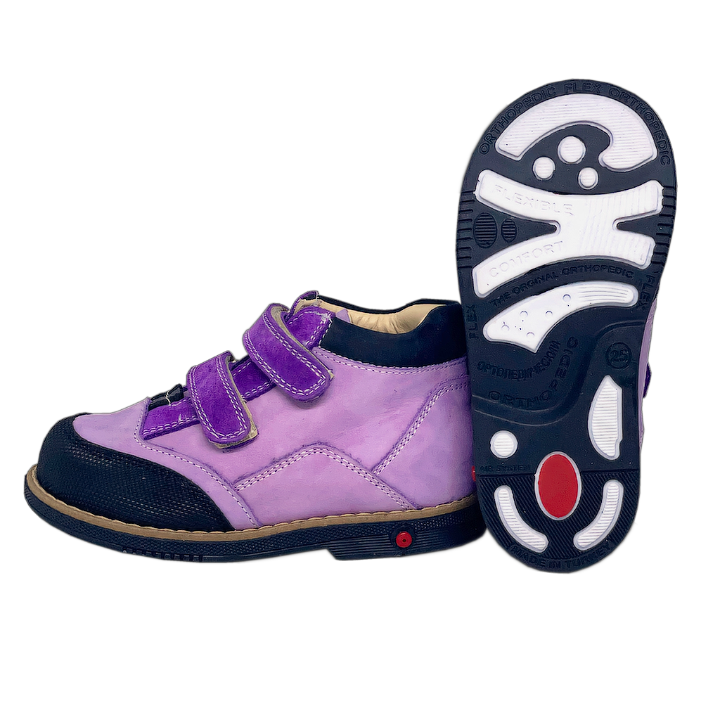 Side view of lavender-colored boots for kids with arch and ankle support, showcasing the unique Thomas heel feature and sole shape