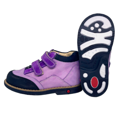 Side view of lavender-colored boots for kids with arch and ankle support, showcasing the unique Thomas heel feature and sole shape