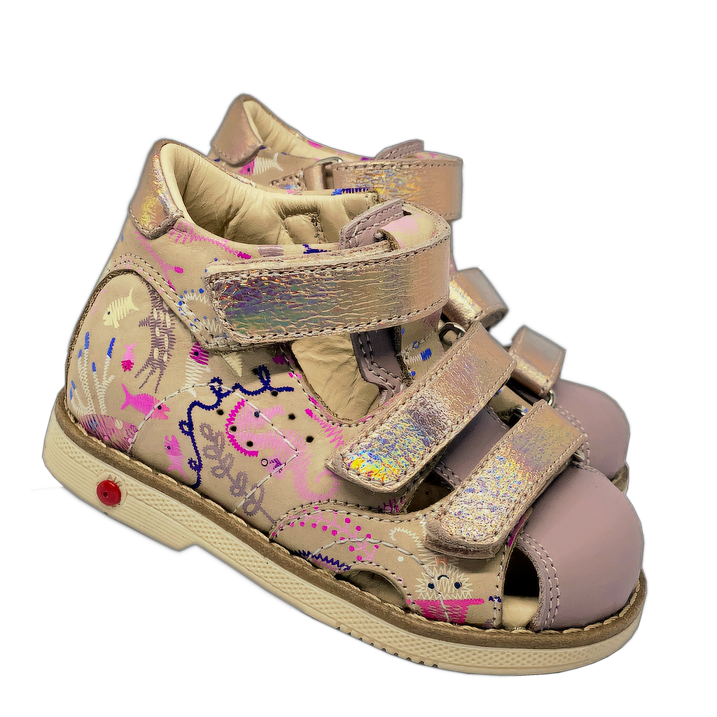 Beige-Pink Orthopedic Closed Sandals for Kids with Arch and Ankle Support, Thomas Heels, and Nubuck-Leather Materials