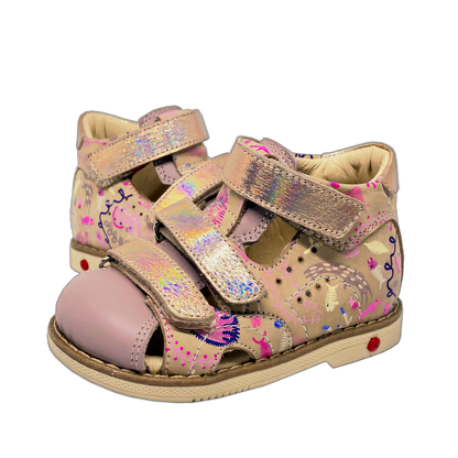 Beige-Pink Orthopedic Closed Sandals for Kids with Arch and Ankle Support, Thomas Heels, and Nubuck-Leather Materials