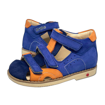 Blue-Orange Orthopedic Kids' Sandals with Thomas Heels, Arch and Ankle Support, and Three Straps Design