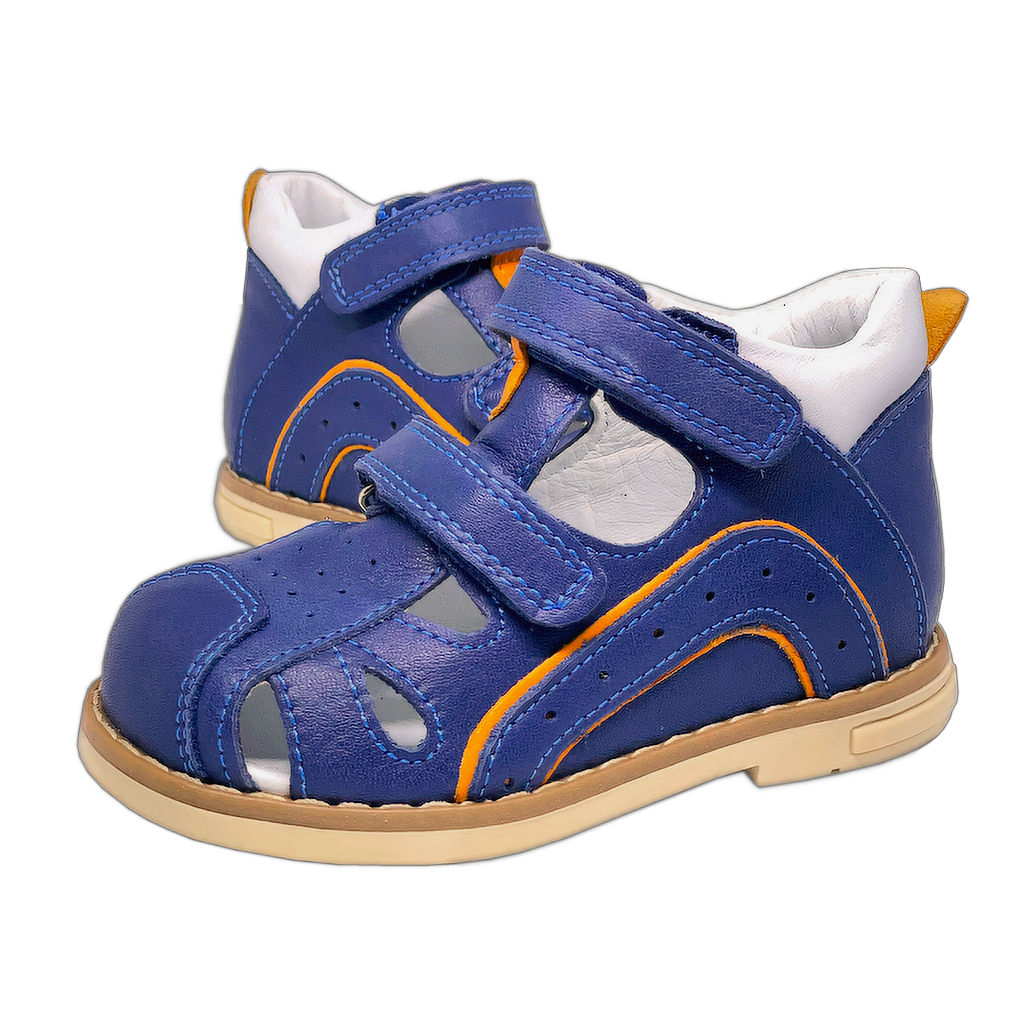 Orthopedic Closed Sandals in Blue-Orange with Thomas Heels, Arch and Ankle Support, featuring Two Secure Straps for Comfort and Stability.