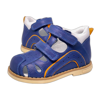 Orthopedic Closed Sandals in Blue-Orange with Thomas Heels, Arch and Ankle Support, featuring Two Secure Straps for Comfort and Stability.