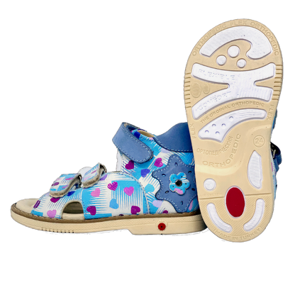 Blue-White Heart-Patterned Sandals for Girls with Thomas Heel, Arch Support, and Triple Velcro Straps