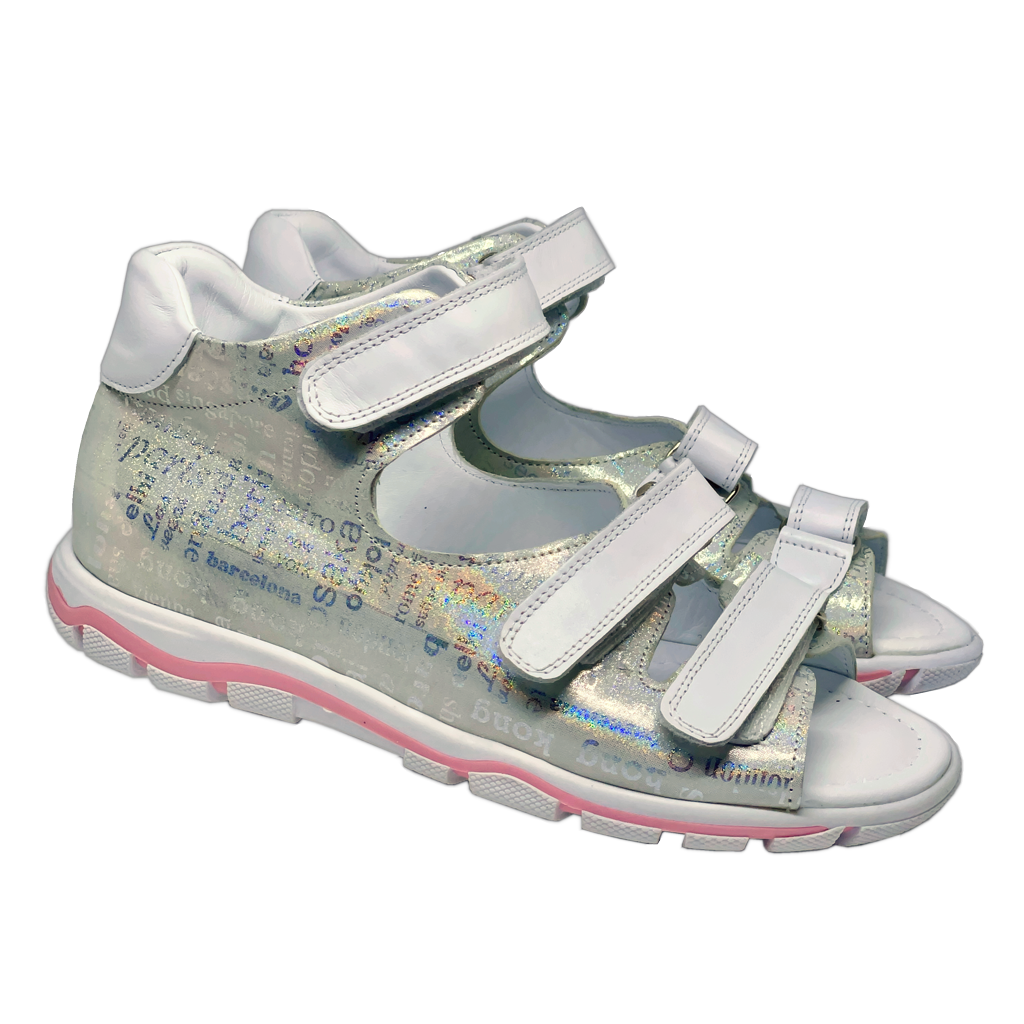 Silver sandals with city names design, providing arch and ankle support for teens.