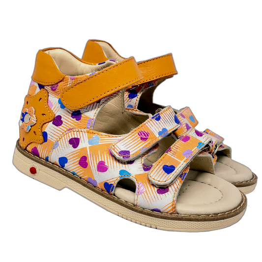 Orange-White Heart-Patterned Sandals for Girls with Thomas Heel, Arch Support, and Triple Velcro Straps