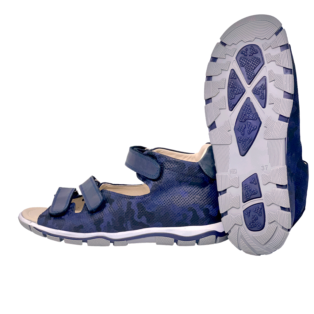 Supportive sandals in navy camo design with arch and ankle support.
