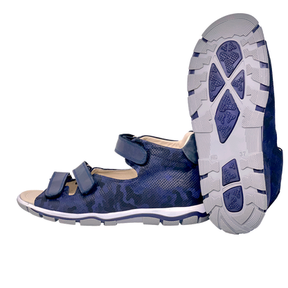 Supportive sandals in navy camo design with arch and ankle support.