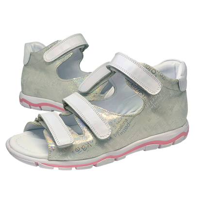 Silver sandals with city names design, providing arch and ankle support for teens.