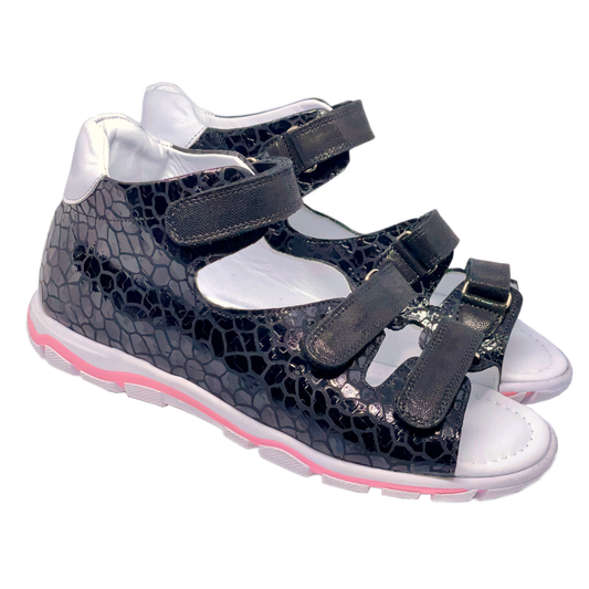 Black sandals for teenage girls with three straps, arch and ankle support. Stylish and comfortable orthopedic footwear.