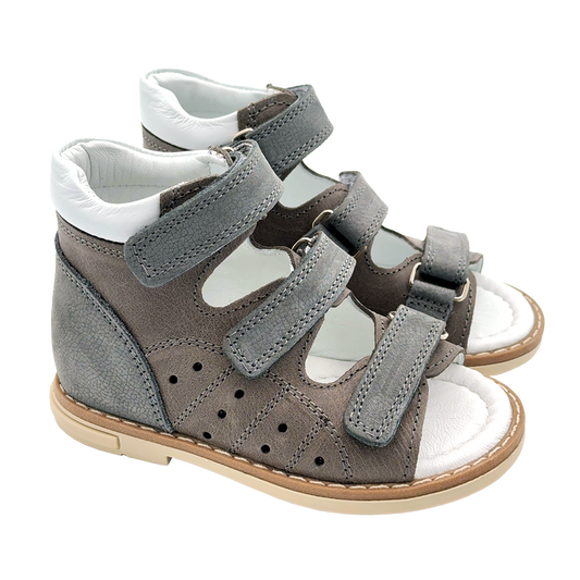 Photo of kids' orthopaedic sandals in dark grey, featuring arch and ankle support, and Thomas heels.