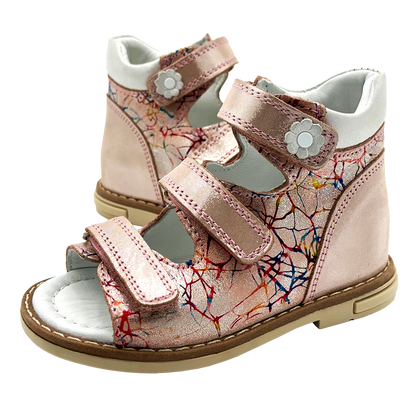 Kids orthopaedic sandals in pink with arch and ankle support, featuring Thomas heels.