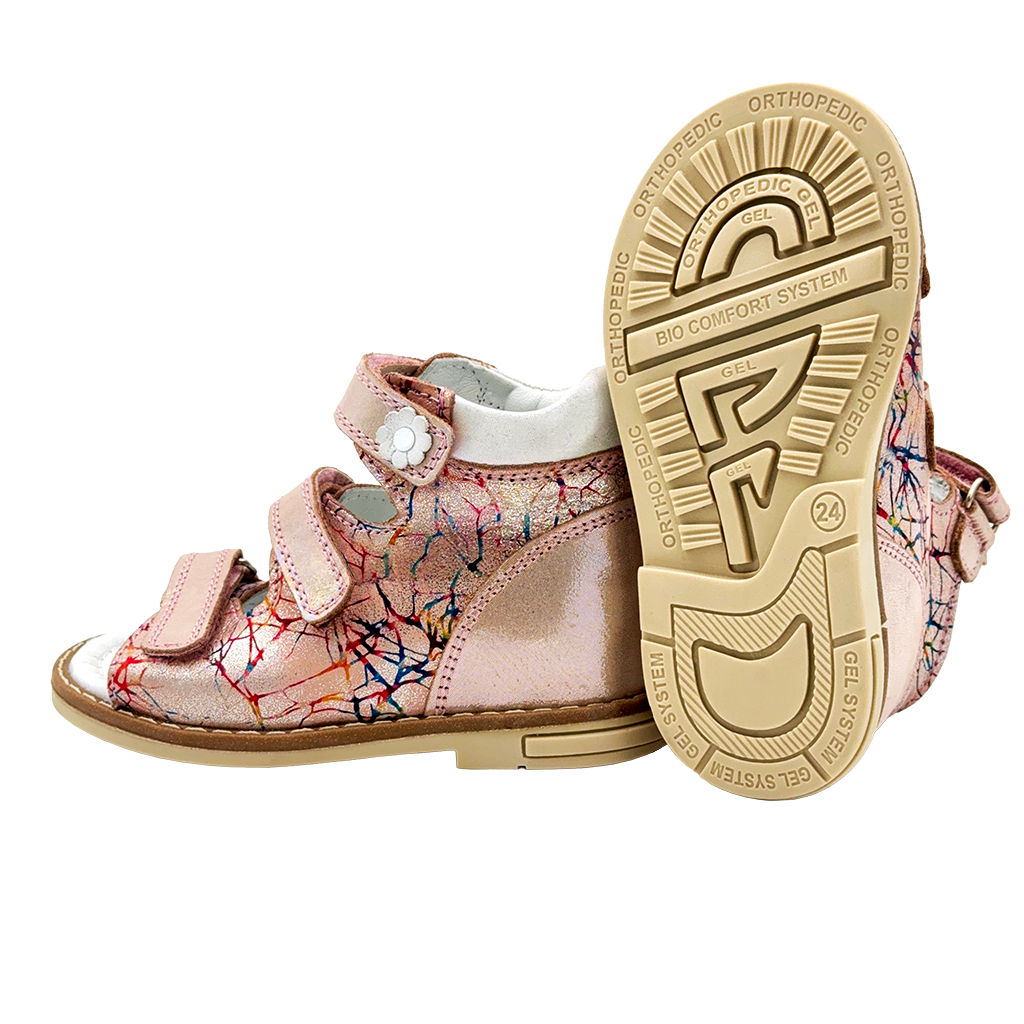 Kids orthopaedic sandals in pink with arch and ankle support, featuring Thomas heels.