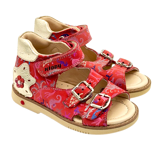 Red Orthopaedic Sandals for Kids with Arch and Ankle Support, featuring Coral Pattern from Ortho Shoes Australia